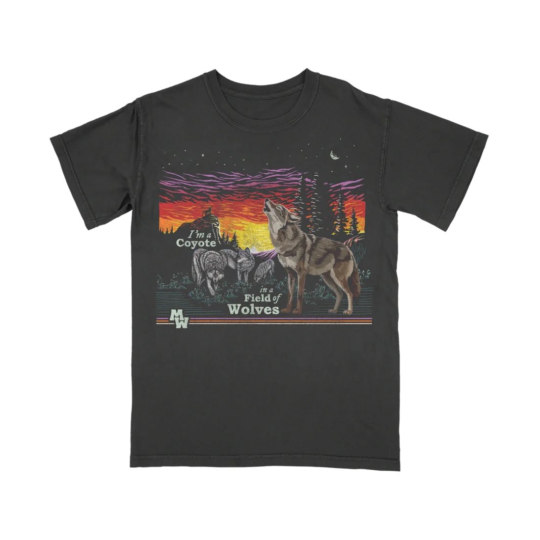 239-coyote-in-a-field-of-wolves-t-shirt-1.webp Coyote In A Field of Wolves T-Shirt